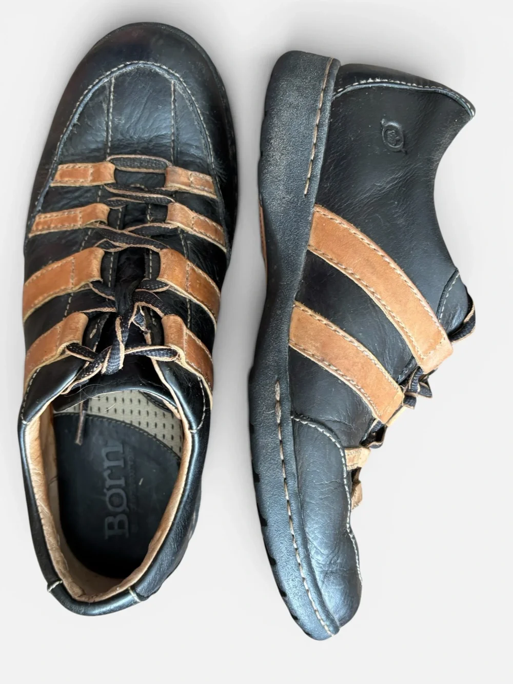 Vintage Born Ashram Leather Comfort Sneakers Black With Tan Stripes Size 8.5